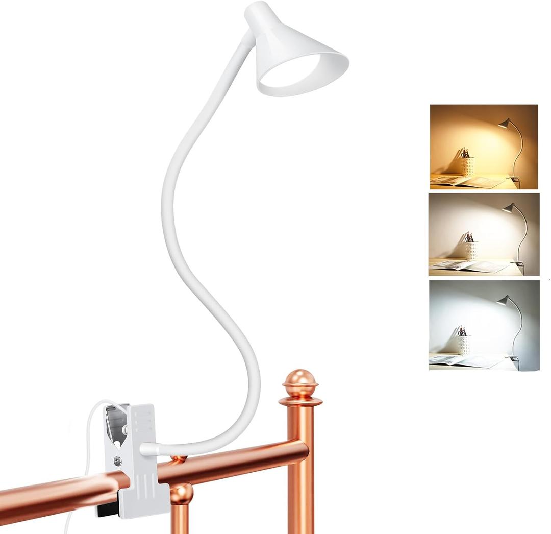 Desk Lamp Clip on Light USB Reading Light 3 Color Modes 10 Dimmable Brightness Eye Care Clamp Desk Lamp Flexible Gooseneck Book Light for Reading in Bed and Desk (White)