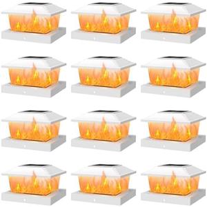 APONUO Solar Post Cap Lights with Flickering Flame & Warm White, 12-Pack for 4x4 Wood/ 5x5 Vinyl Posts, Solar Powered Deck & Fence Lights, Auto On/Off, IP65 Waterproof, Glossy White