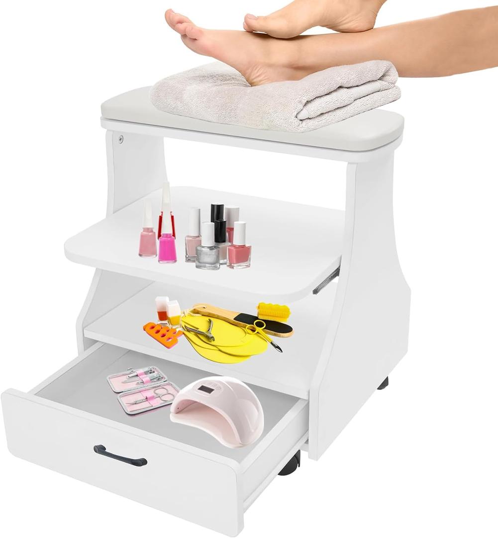 Portable Pedicure Foot Rest with Wheels, Pedicure Stool, Trolley for Foot Bath, Spa Cart, Nail Stand, Manicure Furniture for Beauty Salon or Nail Tech Spa, Massage Station (White)