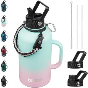 BJPKPK Half Gallon Insulated Water Bottles with Straw Lid & Side Handle, 64oz Large, Stainless Steel Water Bottles with 3 Lids and Paracord Strap, Metal Water Jug,Marshmallow