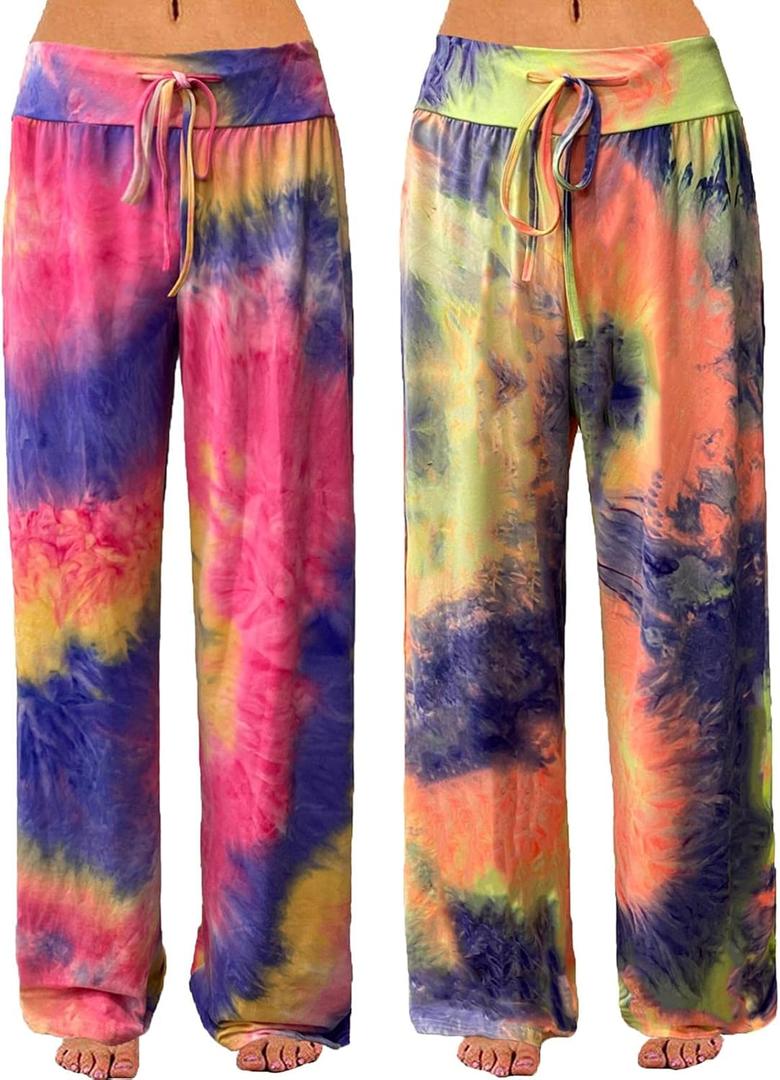 ROSA JUNIO Comfy Pajama Pants for Women Casual Drawstring Floral Palazzo Lounge Pants Stretch Wide Leg Bottoms (Medium, 2 Pack(#1+#6))