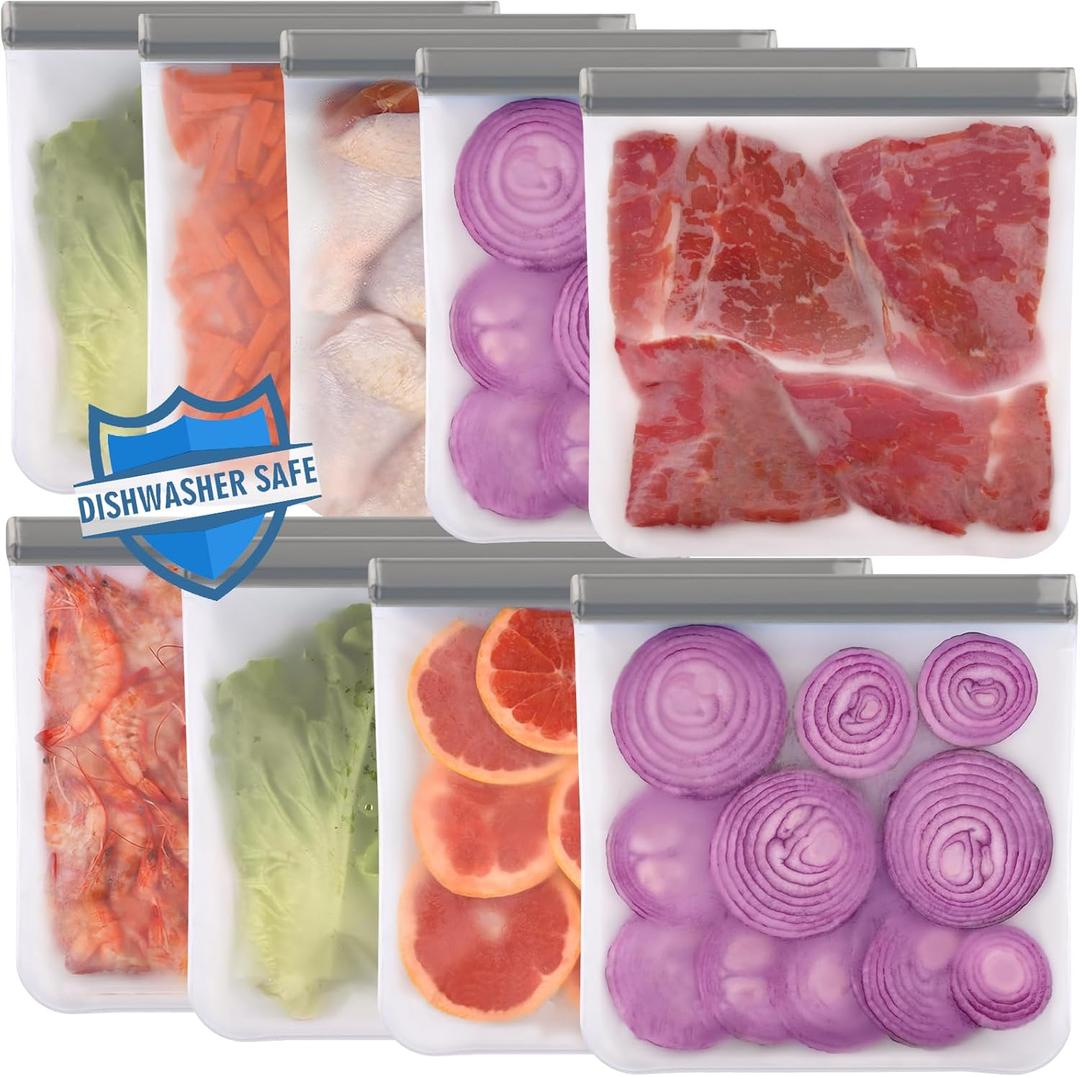 Lerine 9 Pack Reusable Gallon Freezer Bags Dishwasher Safe, BPA Free Reusable freezer Bags 1 Gallon, Extra Thick Leakproof Food Storage Bags for Meal Prep, Fridge Kitchen Organization (Gray)