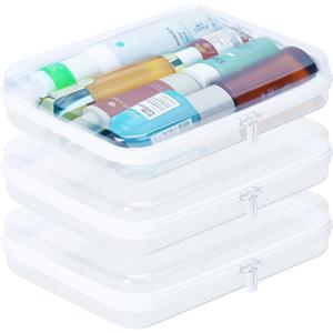 3Pcs Clear Zipper Pouches, White BIiss Plastic Bins for Organizing, Hard Clear Hard Shell Zipper Case Makeup Bag & Travel Organizer for Home Storage Cosmetics, Puzzles, 10 x 8 x 2.4 Inch