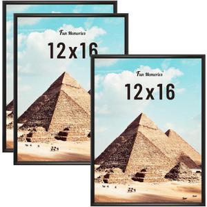 Fun Memories 12x16 Poster Frame for Photo, Posters & Art Prints, Horizontal or Vertical Wall Mounting Scratch-Proof Wall Gallery Photo Frame (Black, 3 Pack)