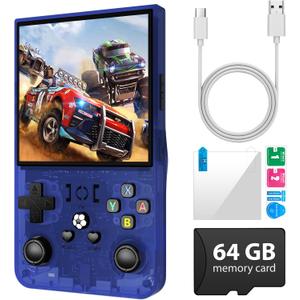 R36 Max Retro Gaming Console, Retro Handheld Console 4.0'' Screen Linux System, 64G TF Car, 4000mAh Rechargeable Portable Pocket Arcade, Transparent Blue