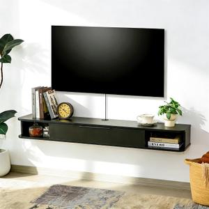 Floating TV Stand, 55" Wall Mounted TV Cabinet, Wood Media Console for TVs up to 65", Entertainment Center with Storage for Living Room, Under TVs Shelf for DVD Player, Black