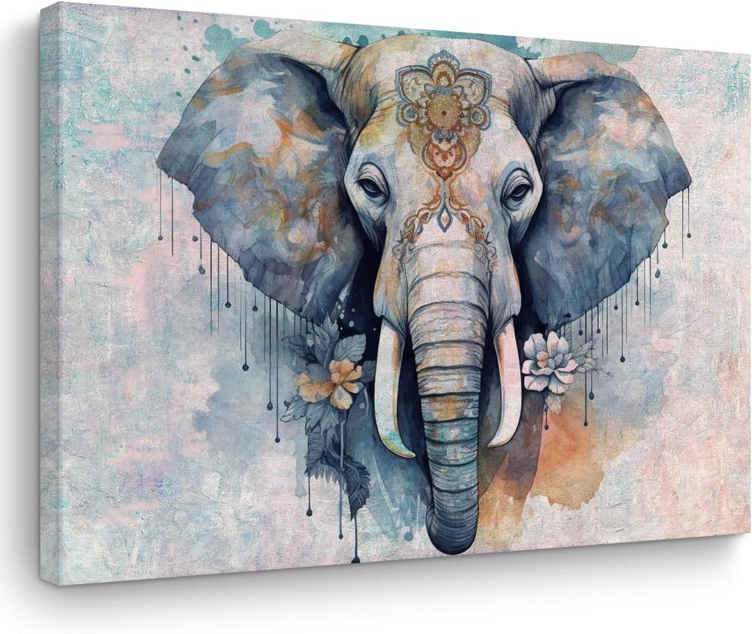Retro Elephant Wall Art - Vintage Animal Themed Canvas Framed Poster - 15" x 11.4" for Home, Farmhouse, Bedroom, Kitchen, Living Room (Multi 0508)