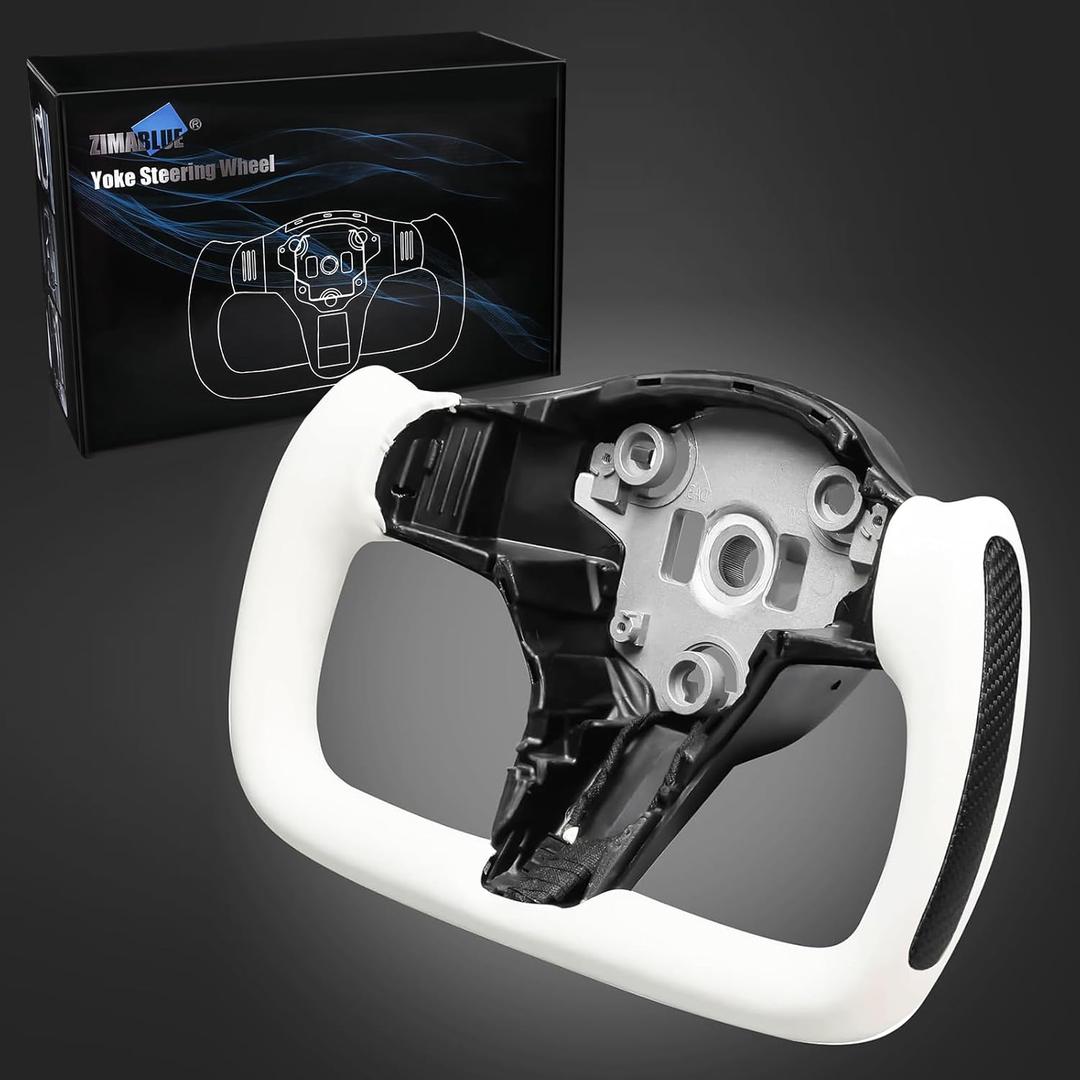 ZIMABLUE Yoke Steering Wheel Personalized Yoke Steering Wheel, Nappa Leather with Side Matte Carbon Fiber without Front Trim for Tesla Model 3 2017-2023, Model Y 2019-2024 With Heating Function