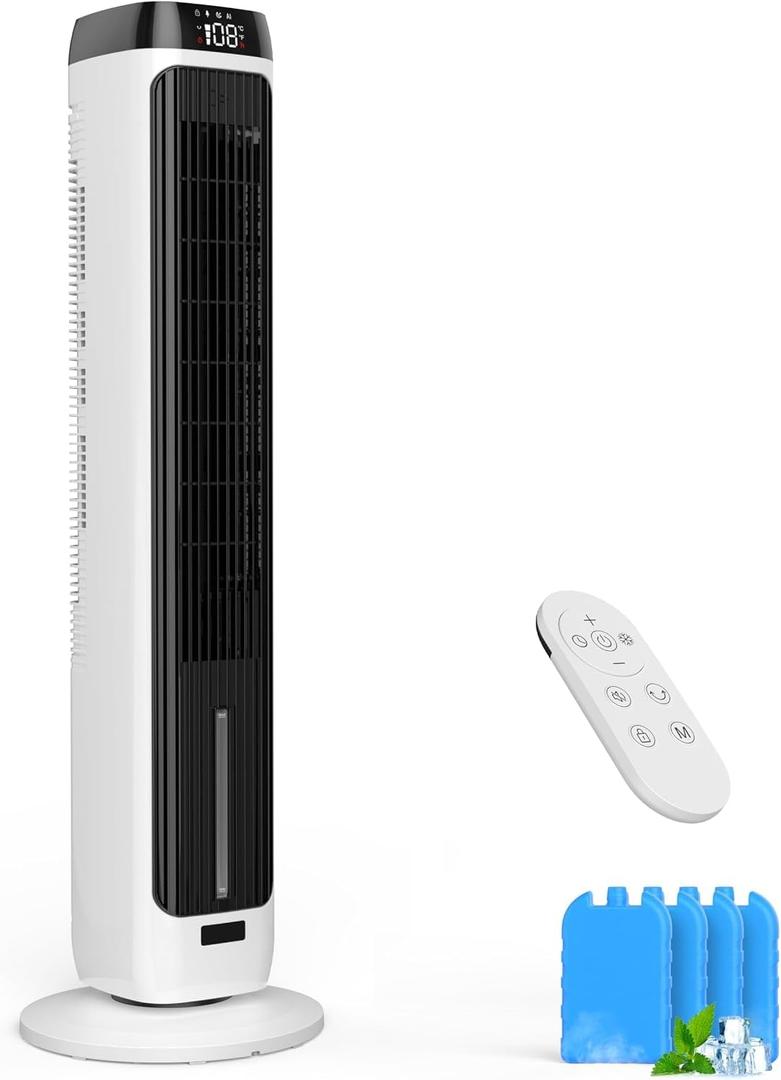PNTCK 41" Evaporative Air Cooler Swamp Cooler with 3 Speeds, 5 Modes, 12H Timer, Remote, 80 Oscillation, LED Display, Bladeless Tower Fan Cooling Fan for Bedroom Office Large Room Indoor Use