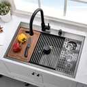 Black Kitchen Sink with Cup Washer-Hovheir 31x20 Black Stainless Steel Drop In Kitchen Sink Workstation 16 Gauge Deep Single Bowl Top Mount Sinks with Grass Rinser, Cutting Board, 31"x20"x10"