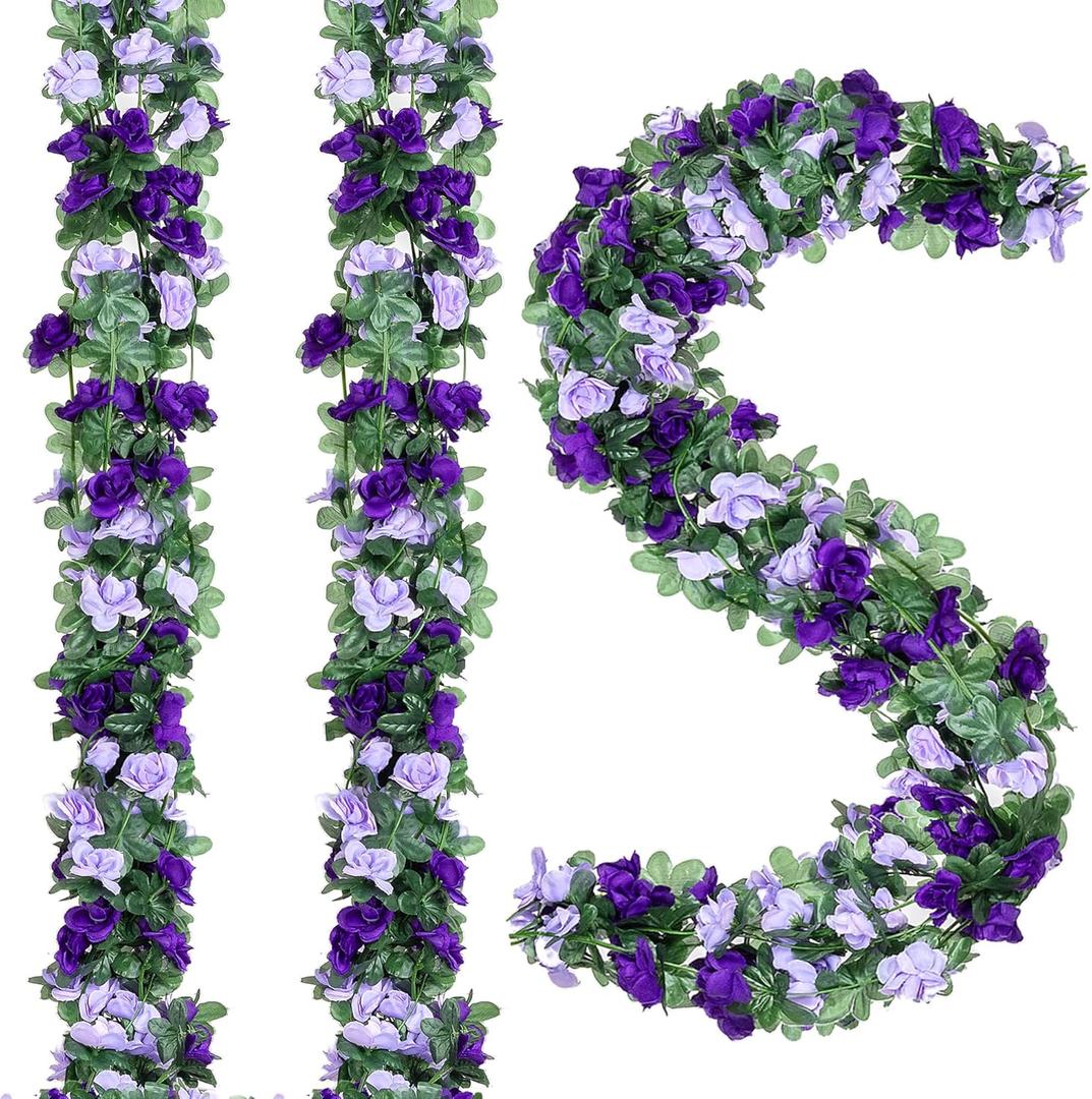 5Pcs 82 FT Artificial Purple Rose Flower Garland, Faux Silk Rose FGarland, Purple Party Decorations, Lavender Flower Hanging Flower Vines for Backdrop Decoration Tea Party Wedding Birthday