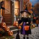 Witch Costume for Girls, Light-Up Purple Dress with Hat & Broom Accessories for Halloween Parties & Role Play (Medium(8-10yr))