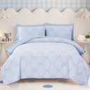 BLOOMHAVEN Queen Comforter Set for Girls, 7 Pieces Blue Bow Bedding Set, All Seasons Bed in a Bag with Sheets, Pillowcases & Shams