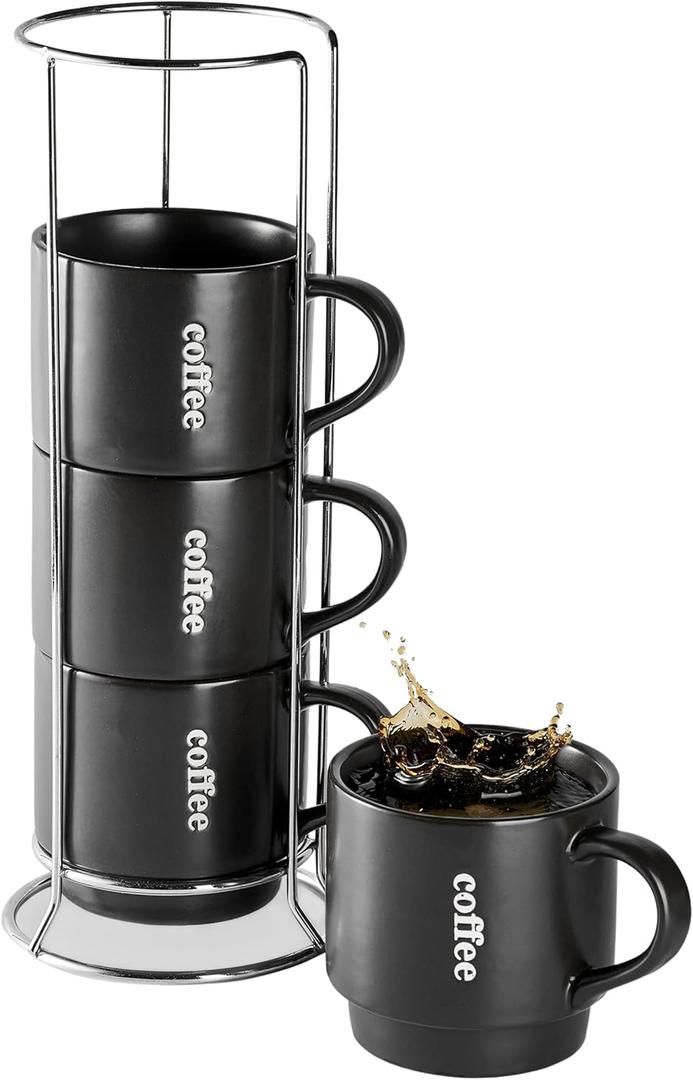 LAUCHUH Coffee Mug Set, Porcelain Stackable Coffee Mugs with Rack,15 oz Cappuccino Cups for Tea, Cocoa, Milk, Latte, Christmas, Set of 4, Matte Black