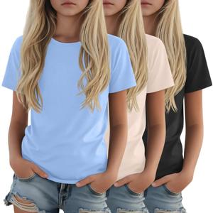 LessonZoo 3 Pack Girls Shirts Plain Short Sleeve Tops Teens Youth Summer Tshirts Crewneck Loose Fit Casual Basic Tees(Black, Cream, Sky Blue,11-12 Years)