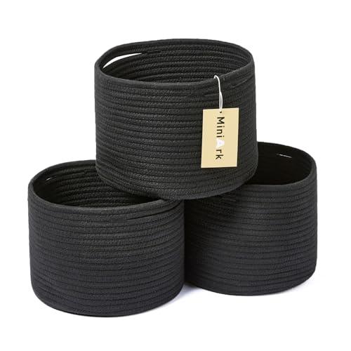 MiniArk Small Basket for Organizing | Cube Shelf Closet Storage Baskets | 9.7×9.7×7.1” | Woven Rope Gift Basket | Nursery | Round 3 Packs Black