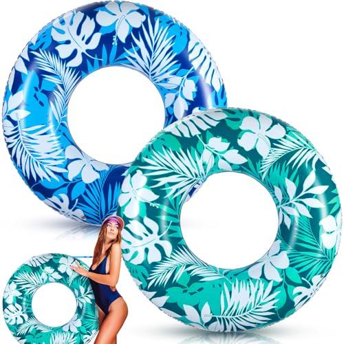 ShinyRelief 2 Pcs Pool Tubes for Adults 42 Inch Large Inflatable Floats Tube Tropical Leaves Inflatable Pool Floats Rings Colorful Swimming Ring Hawaii Summer Swimming (Teal Color,Dark Blue)