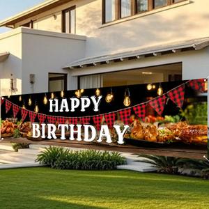 Nuxovilar Happy Birthday Yard Banner - 78.7x17.7 Inch Rustic Red Plaid & String Lights Design, Large Happy Birthday Banner, Outdoor/ Indoor Giant Sign for BBQ - Themed Birthday Decor
