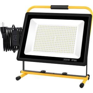 300W LED Work Light, 30000LM Super Bright Flood Light, IP66 Waterproof, 16ft/5m Cord with Plug & Switch, 6500K, Adjustable for Workshop, Garage, Construction Site