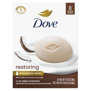 Dove Beauty Bar Soap Restoring Coconut & Cocoa Butter, 8 Bars for Restored Skin, Nourishes Skin 3.75 oz