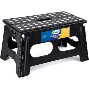 Korpai 9" Folding Step Stool for Adults and Kids 15-Inch Extra Wide Stool Holds Up to 300 lbs, Non-Slip Folding Stools with Handle, Compact Plastic Foldable Step Stool for Bathroom, Kitchen, Etc (Black)