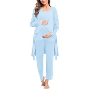SWOMOG Maternity Nursing Robe Set 3 PCS Postpartum Breastfeeding Pajamas Hospital Pregnancy Pjs Double Layer Lounge Set (Medium, Baby Blue)