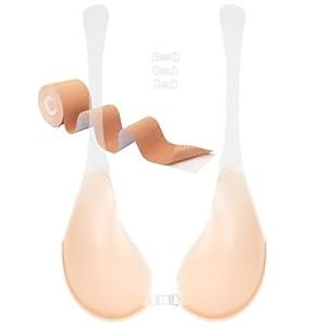 TITU Plunge Strapless Pushup Bra  Silicone Sticky Bra Adhesive Backless Bras for Large Breasts G Beige