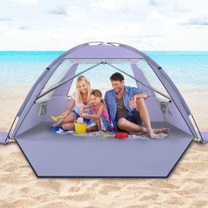 Happy Travel Beach Tent, UPF 50+ UV Protection Sun Shade Shelter for 3/4/5/6/7/8 Person, Portable Beach Canopy for Family & Baby, Lightweight & Easy Setup Beach Cabana with 3 Ventilation Mesh Windows (Purple)