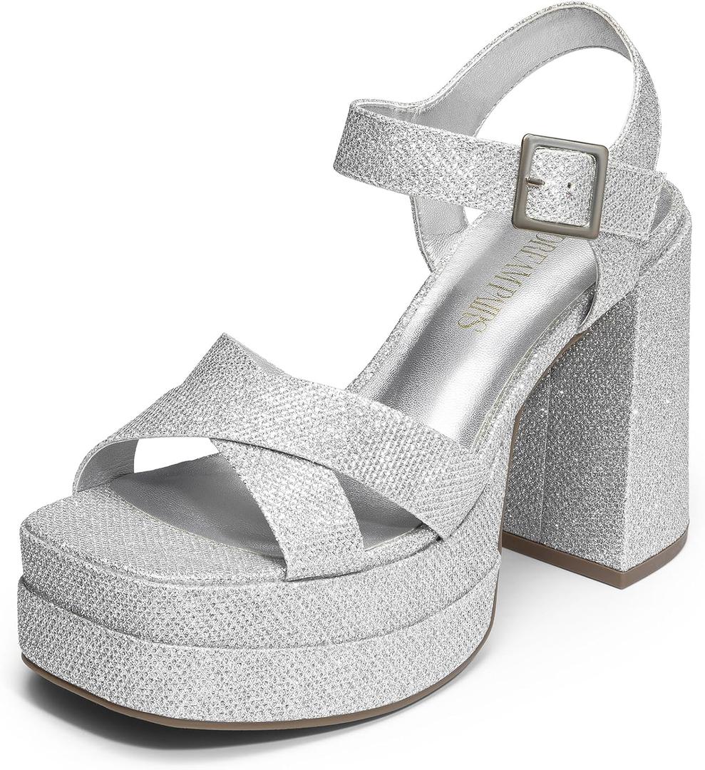 DREAM PAIRS Women's Platform Chunky Heels Square Open Toe Ankle Strap High Heeled Sandals Y2K Shoes for Party Brunch 7