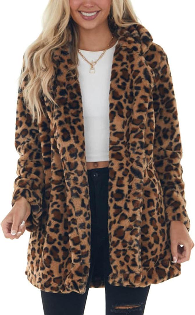 Omoone Women's Faux Fur Jackets Autumn Winter Leopard Coats Loose Fur Coat with Pockets (Large, Brown)
