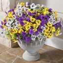 Alupssuc 24 Bundles Artificial Flowers for Outdoors, Fake Spring Flowers for Decoration, UV Resistant Realistic Pansies with Eucalyptus Silk Faux Flowers for Porch Patio Yard, Purple Yellow White