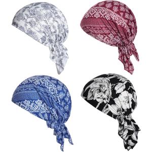 4pcs Pre-Tied Chemo Head Scarf Beanie Covers Cap Head Scarves Sleep Turban Hat Women Bandana with Stretch Print Ruffle (Blue)