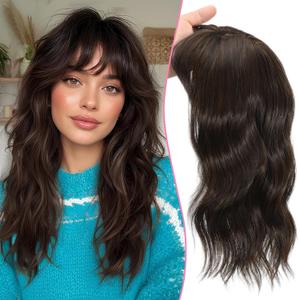 TYQ Hair Toppers for Women with Thinning Hair 18 Inch 360 3D Synthetic Toppers Hair Pieces Curly Wavy Wispy Clip in Bangs(Dark Brown Mixed Chestnut)