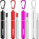 Ecoangel Cruise Ship Essentials,4-Pack reusable Collapsible Stainless Steel Drinking Straws with Aluminum Case,Cleaning Brush,and Keychains (Black&rose gold&silver&red)