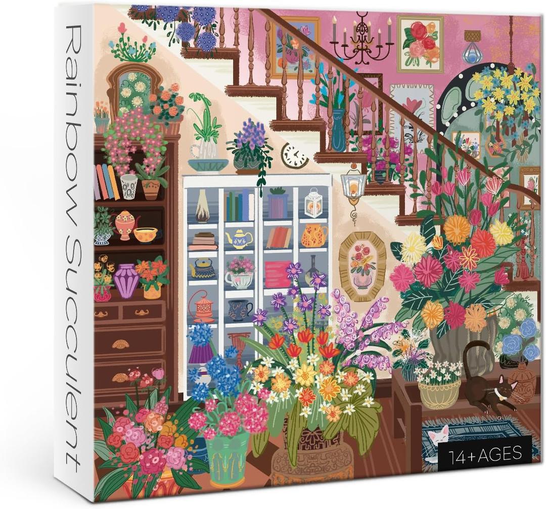 Flower Plant Puzzles 1000 Piece for Adults, Colorful Aesthetic Floral Art Jigsaw Puzzles, Cute Pretty Housepant Succulent Teacup Cat Puzzle