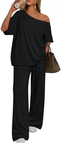 Trendy Queen Womens 2 Piece Lounge Sets Off Shoulder Oversized Tshirts & Wide Leg Pants Outfits Large