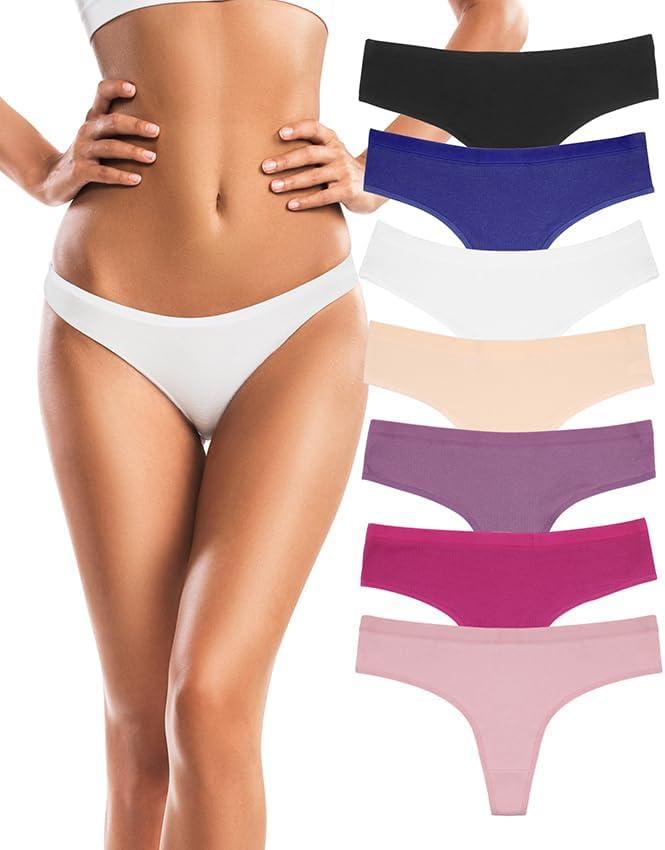 Dyienocs 7 Pack Cotton Thongs for Women Sexy Low Rise Ribbed Hipster Breathable Panties Soft Womens Bikini Underwear - 2XL Multicolor