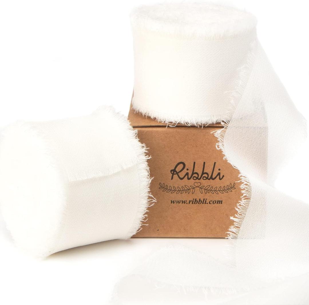 Ribbli White Chiffon Ribbon 1-1/2 inch x 20 Yard Handmade Fringe Chiffon Silk Ribbon, White Ribbon for Wedding Invitations, Bridal Bouquets Wrapping, Flower Arrangement Decoration