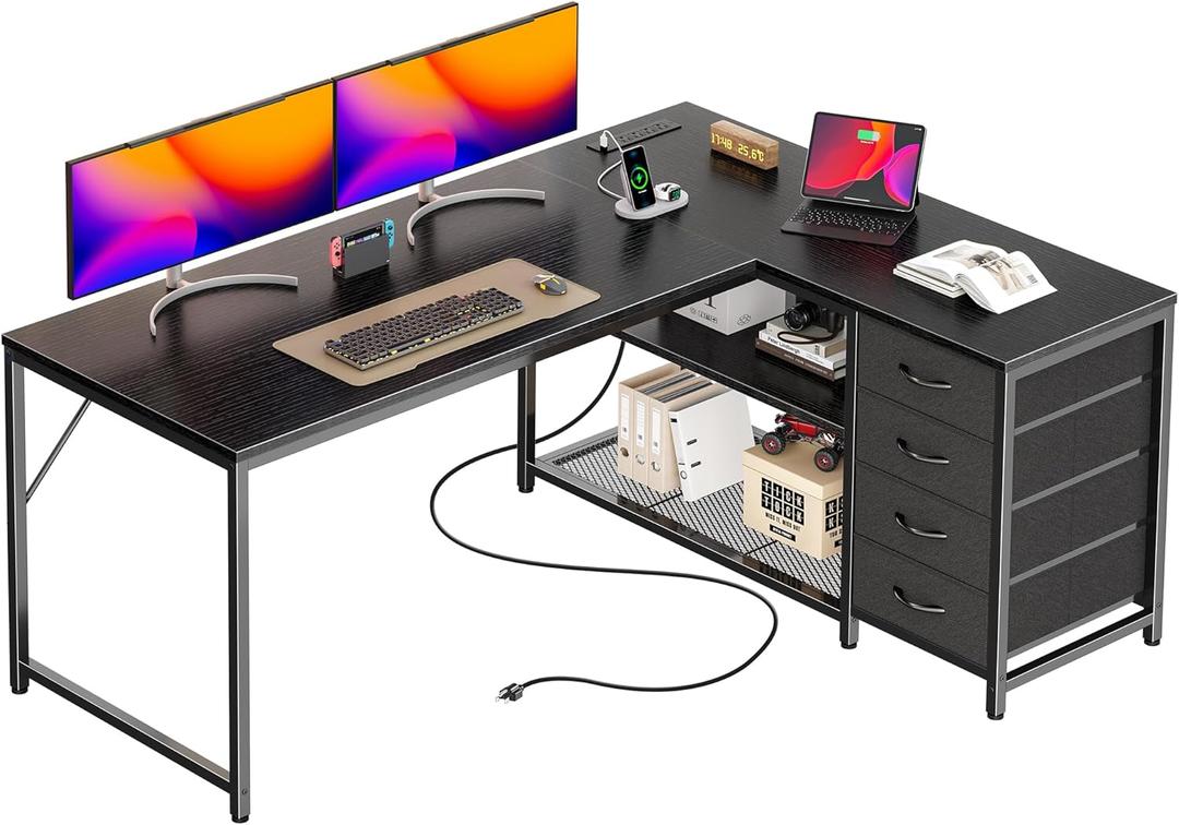 PRAISUN 53" L Shaped Desk with Power Outlets and USB-C Port, Reversible Computer Corner Office Desk with 4 Fabric Drawers and 2 Height-Adjustable Shelves, Large for Gaming Writing Work Study, Black