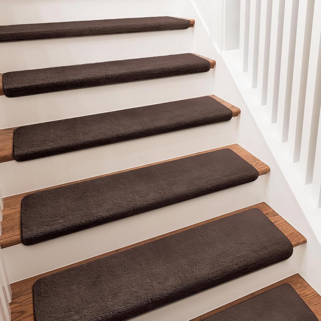 PURE ERA Carpet Stair Treads Ultra Plush 9.5" X 30"Soft Bullnose Indoor Stair Protectors Pet-Friendly Non-Slip Skid Resistant Tape Free Washable Reusable(14 Pieces,Dark Brown)