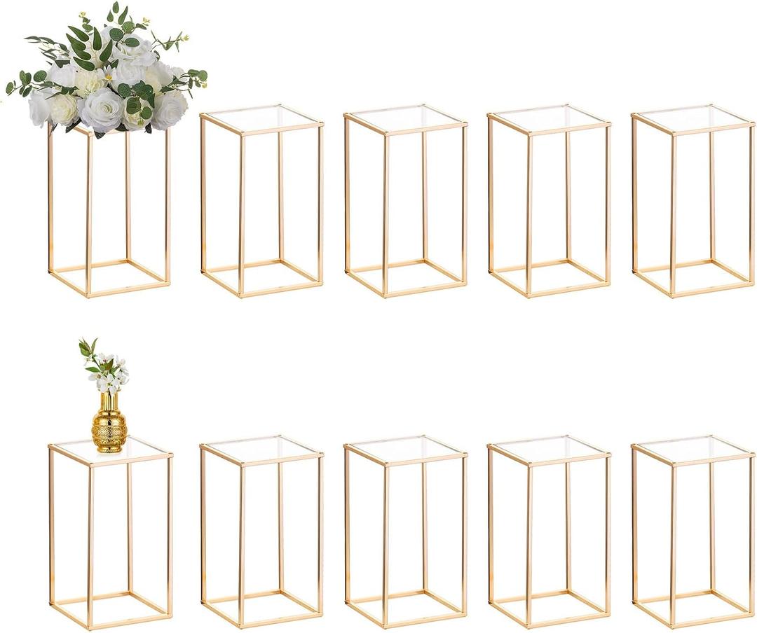 10 Pcs Gold Vase Metal Column Stand Road Lead Geometric Centerpiece Vase for Tables, 15.75in Floor Vases Decorative Tall Flower Rack for Home Event Party Wedding Decorations for Reception