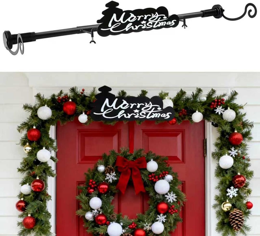 Garland Hanger for Front Door Frame, Adjustable Width 35"-46" Heavy-Duty Garland Door Hanger for Christmas Wreaths Lights Decoration with Merry Christmas Sign/No Nails or Screws