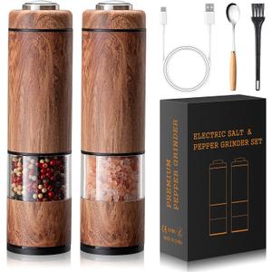 Electric Salt and Pepper Grinder Set Rechargeable Automatic Salt and Pepper Shakers with Adjustable Coarseness, LED Light, One-Hand Operation Salt and Pepper Shakers Set (Wood Grain)