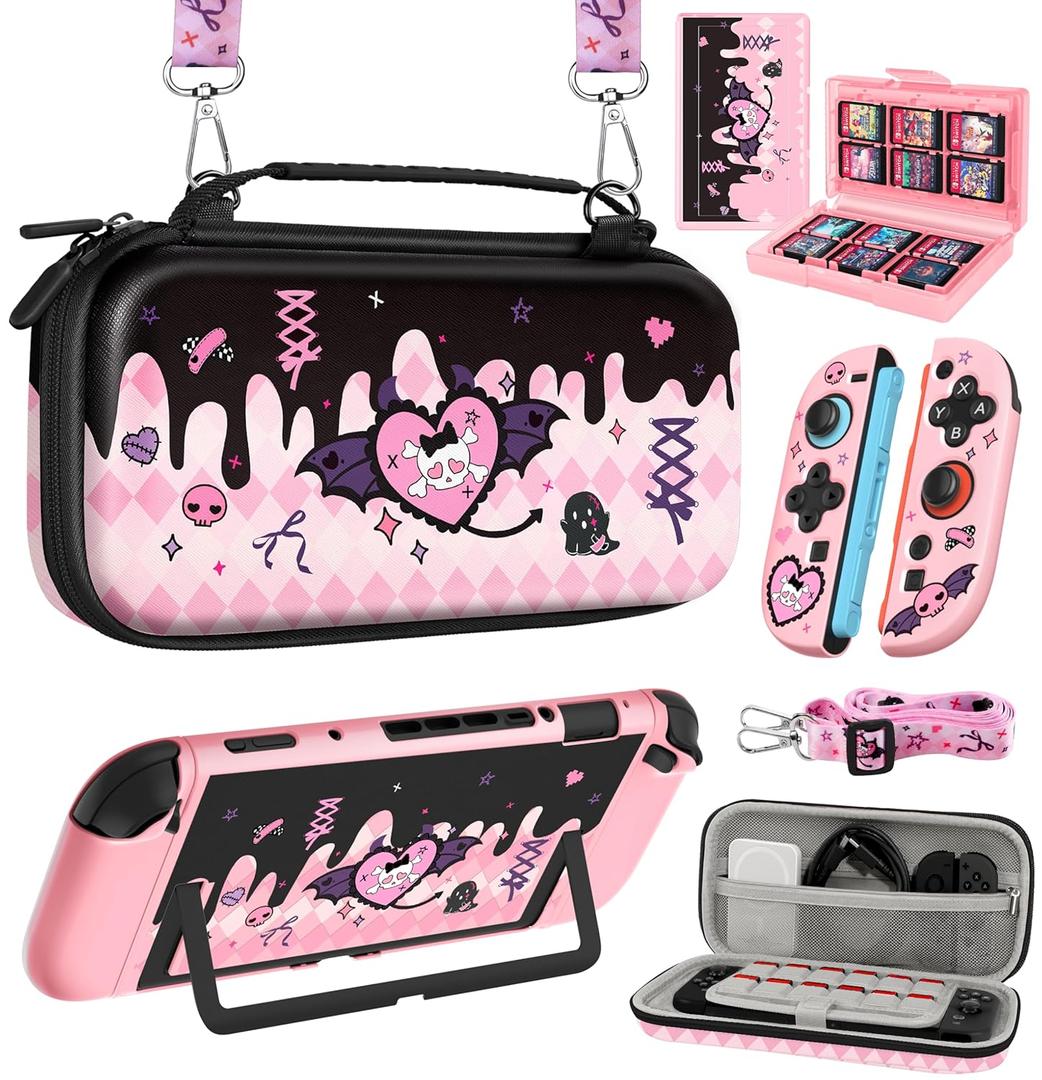 Gurgitat 6in1 Kits Accessories Bundle for Nintendo Switch 2 2025 - Cute Carrying Case, Protective Cover, Joy Con Grips, Thumb Grips, 24 Game Holder, Shoulder Strap Teens Boys Girls, Skull