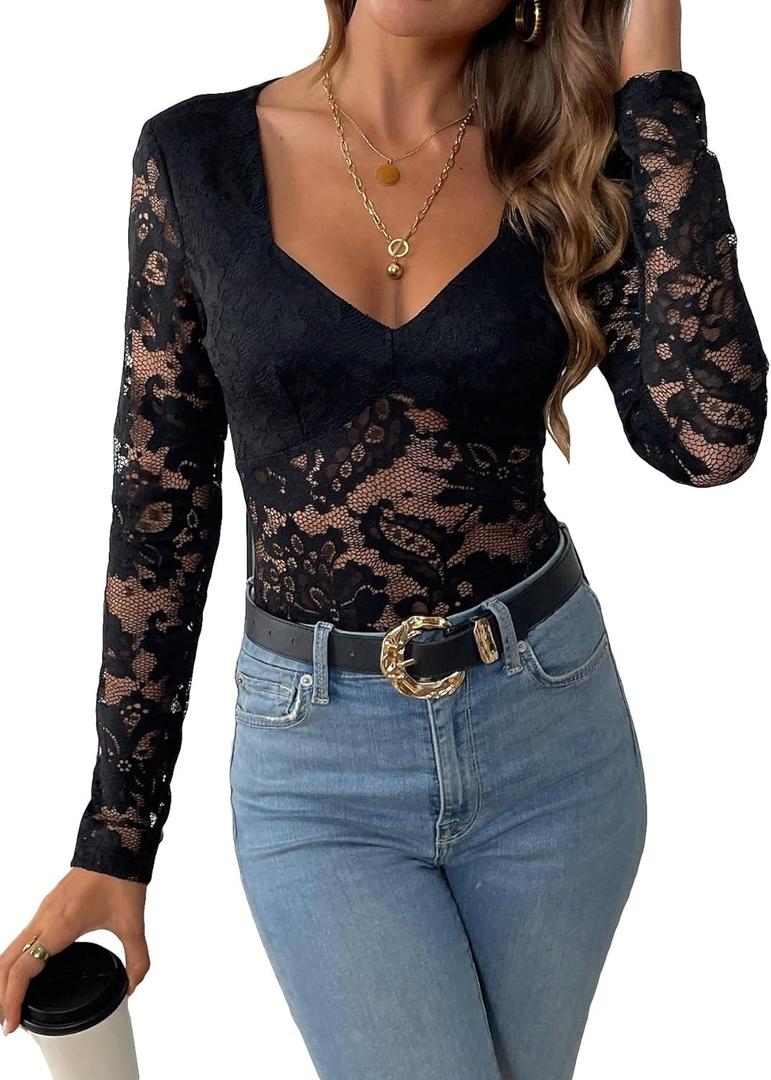 SweatyRocks Women's Sheer Floral Lace V Neck Bodysuit Long Sleeve Slim Fit Jumpsuits (X-Large, Black)