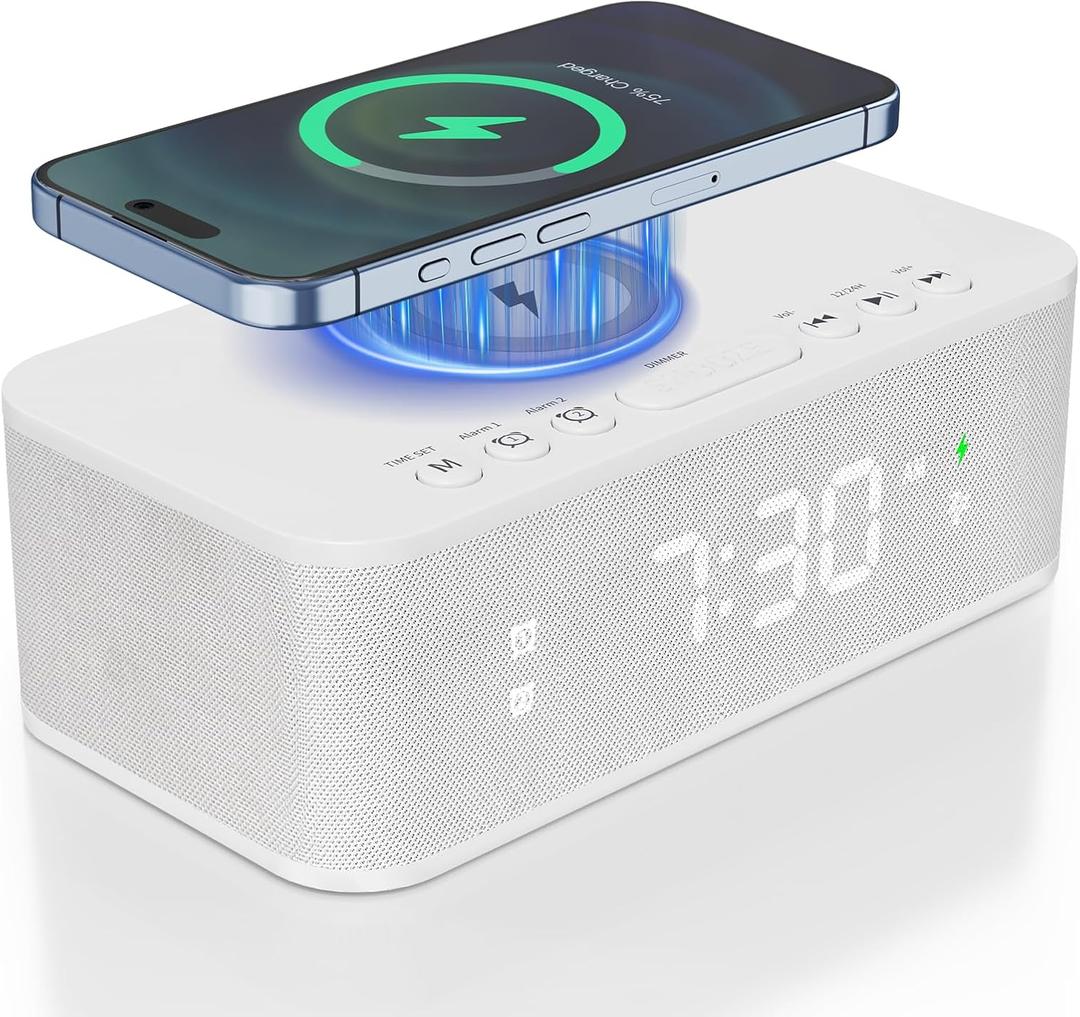 Digital Alarm Clock White Noise, Loud Digital Alarm Clocks Bedrooms, Alarm Clock Speaker Wireless Charger AUX USB Bluetooth Speaker 12/24H Dual Alarm Snooze Adjustable Brightness, White