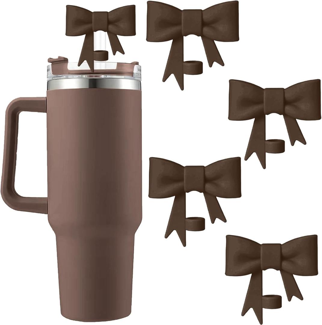 3Pcs Silicone Straw Toppers Covers for Stanley Cups 40/30oz 10mm(0.4in) Chocolate Dust-Proof Bow Straw Covers Toppers Suitbale for Stanley Cup Accessories Reusable Straws Caps