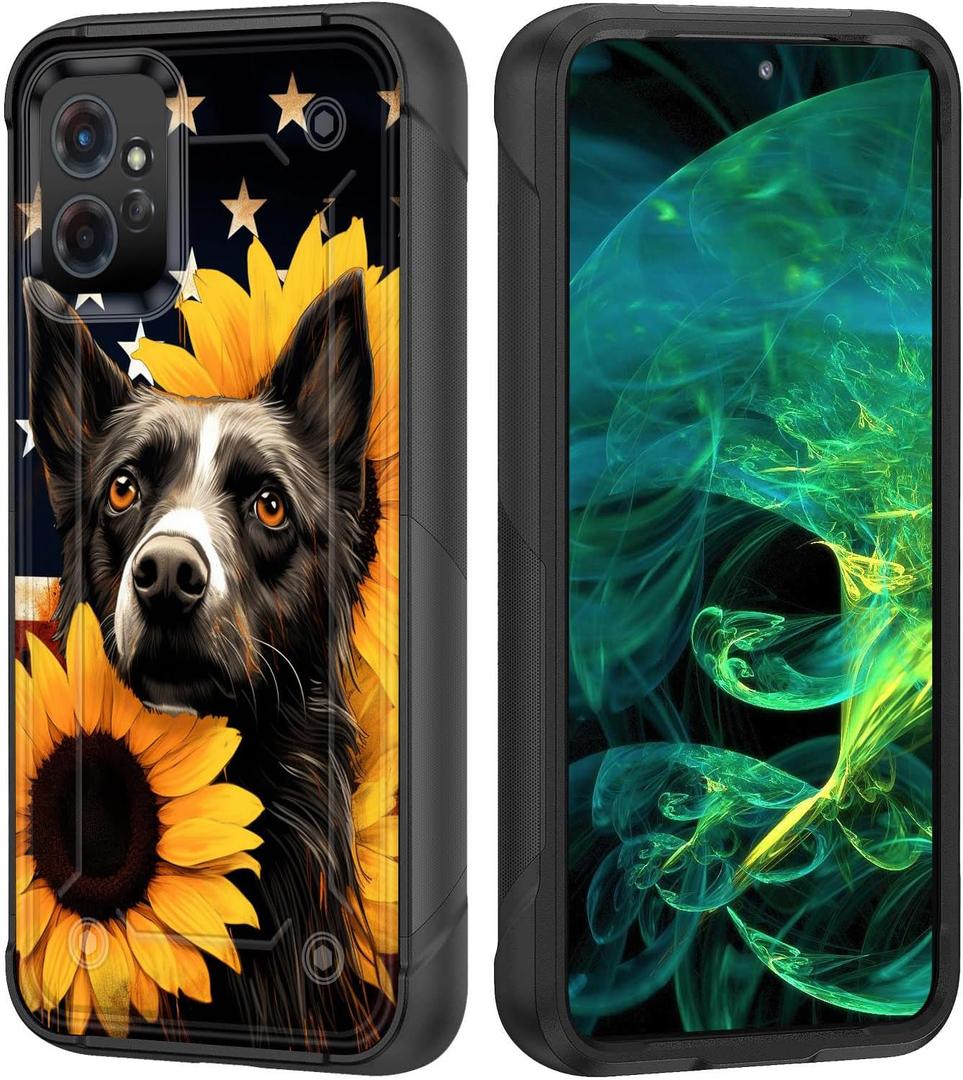 for Moto G Power 5G 2023 Case,Heavy Duty Dual Layer Hard PC & Soft Silicone Rugged Bumper Shockproof Protective Case for Motorola Moto G Power 5G 2023,American Flag Dog Sunflower
