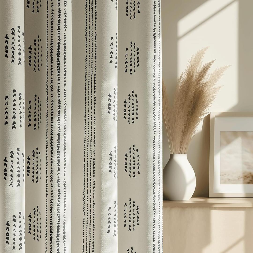 100% Boho Blackout Curtains 96 Inches Long for Bedroom, Black on Beige Patterned Bohemian Curtains for Living Room, Geometric Striped Thermal Insulated Window Drapes Gromment Top 2 Panels
