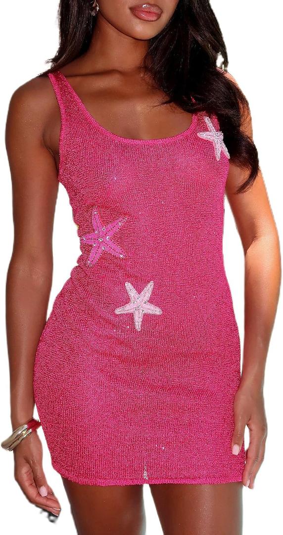 Women Sleeveless Starfish Sequin Mini Dress Square Neck Star Print Knitted Bodydon Beach Party Dress (XL)